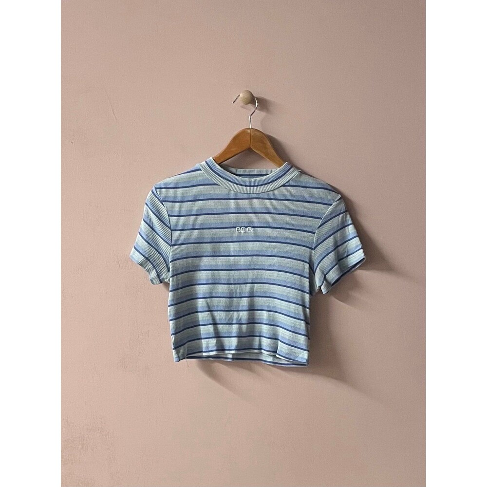 BDG Blue Striped Mock Neck Ribbed Cropped Top Size L